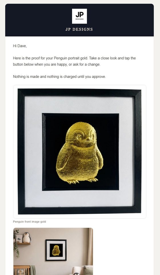 A branded Proof and Pay proof email as the customer sees it, with the artwork and an approve button