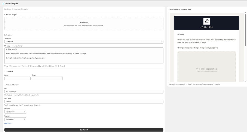 The Proof and Pay quote builder in Shopify, with a live preview of the customer email